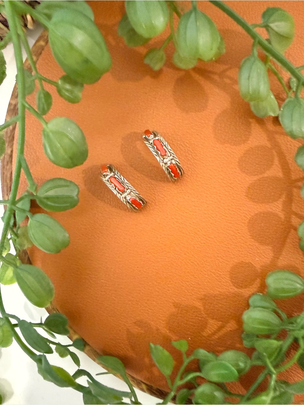 Vintage Zuni Sterling Silver Coral Half Hoop Post Earrings